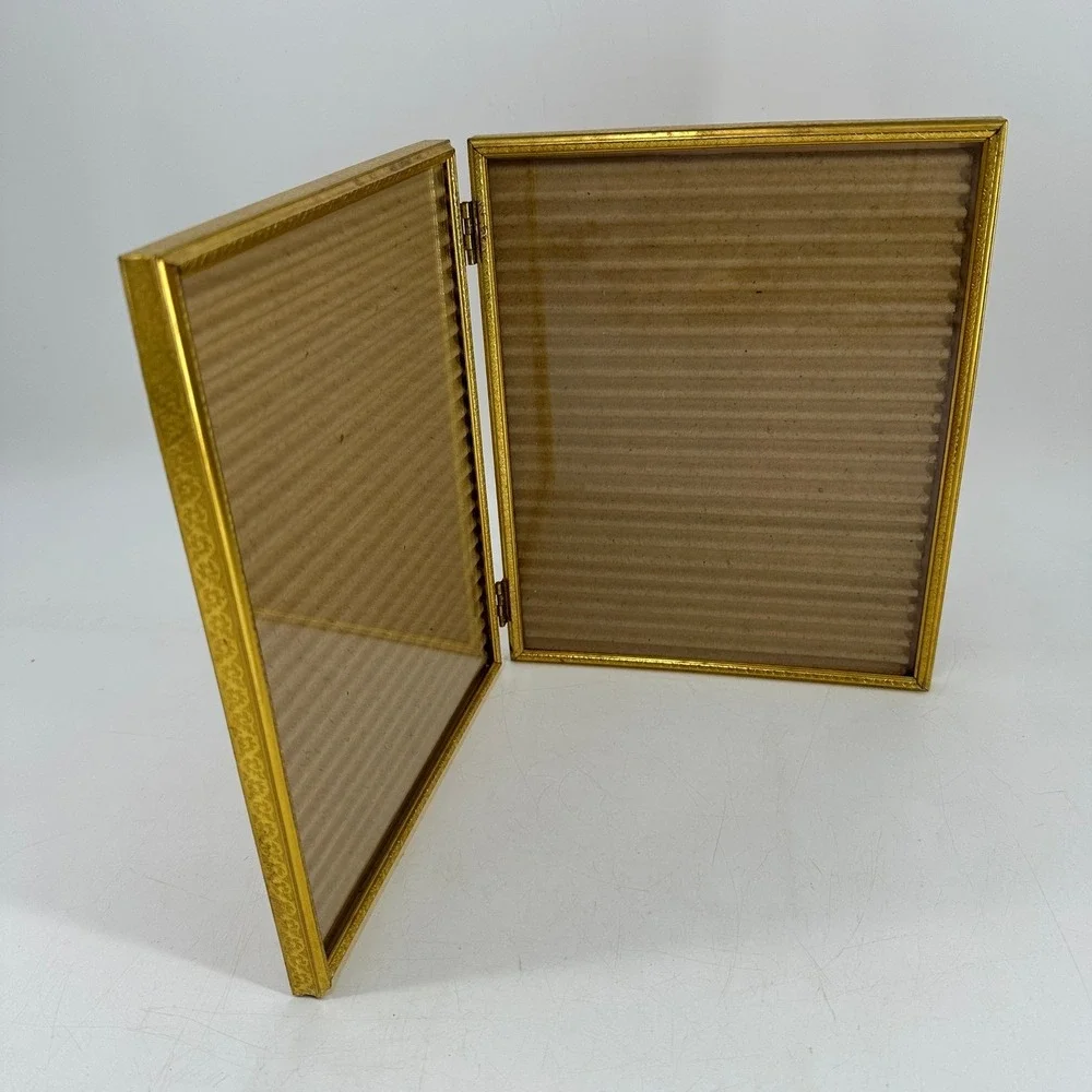 Vintage Style Gold Metal Hinged Double Picture Frame Bifold for Two 8x10 Photos
